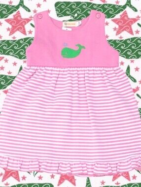 Baby Luigi Girl's Pink-and-White Horizontal Striped Whale Applique Dress